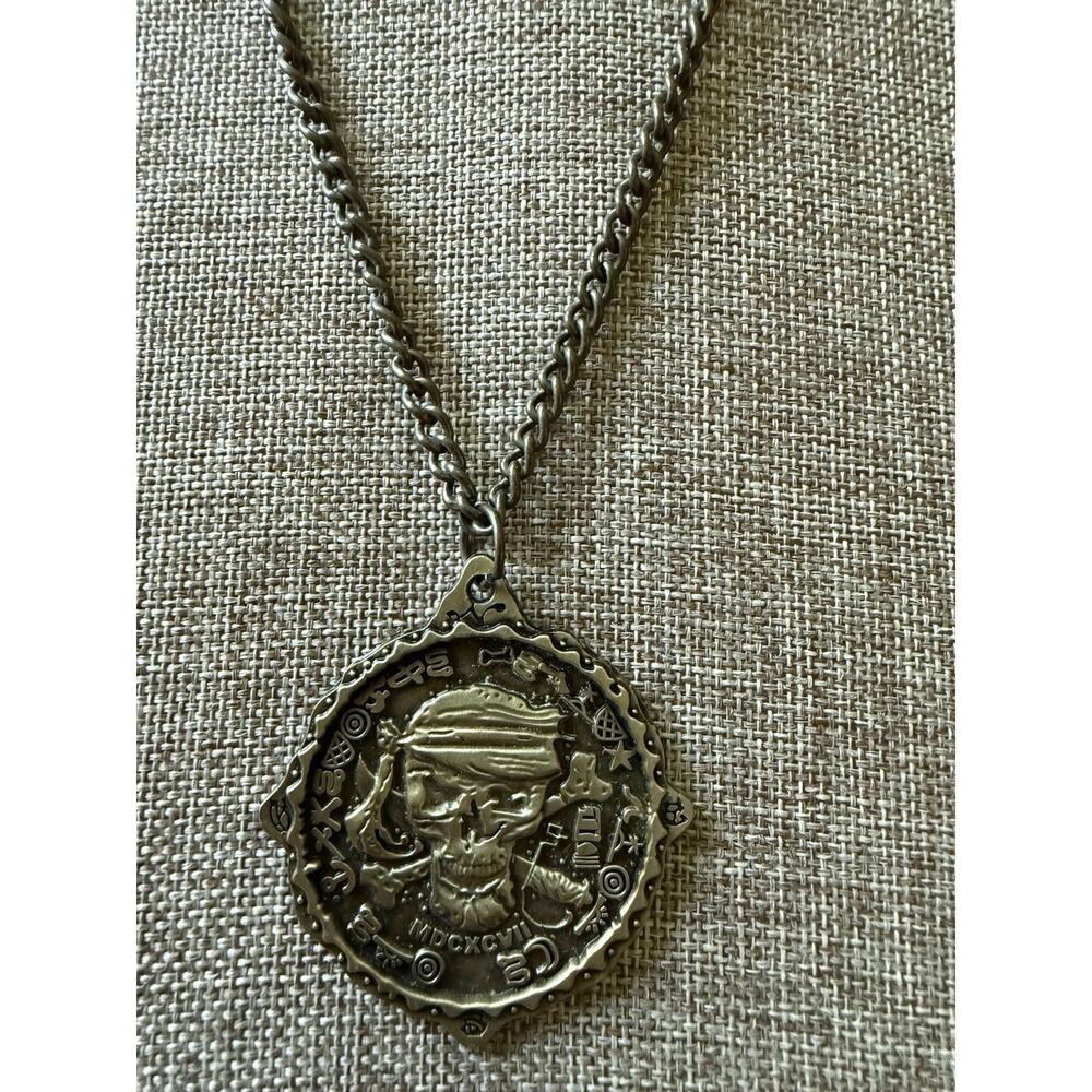 Disney Pirates of the Caribbean Brass Tone Pendant Necklace Chain Skull League